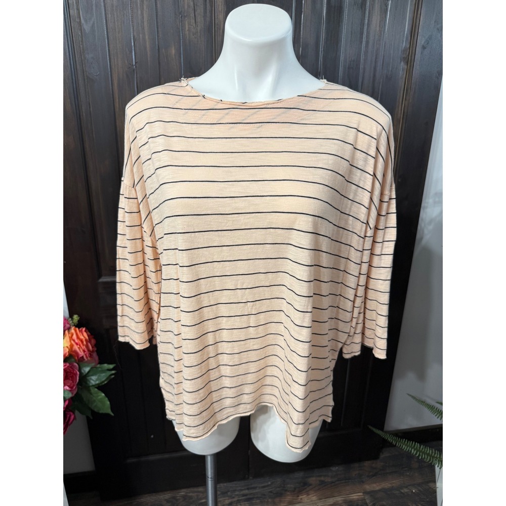 Michelle by Commune Peach Sorbet Black Striped 3/4 Sleeve Top M1802X25 Medium